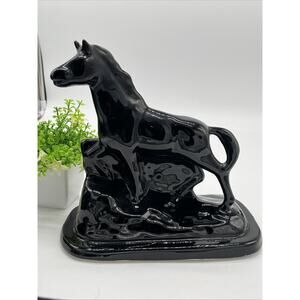 Vintage Black Ceramic Horse Statue 9x10 Art Moderne Mid Century Figurine